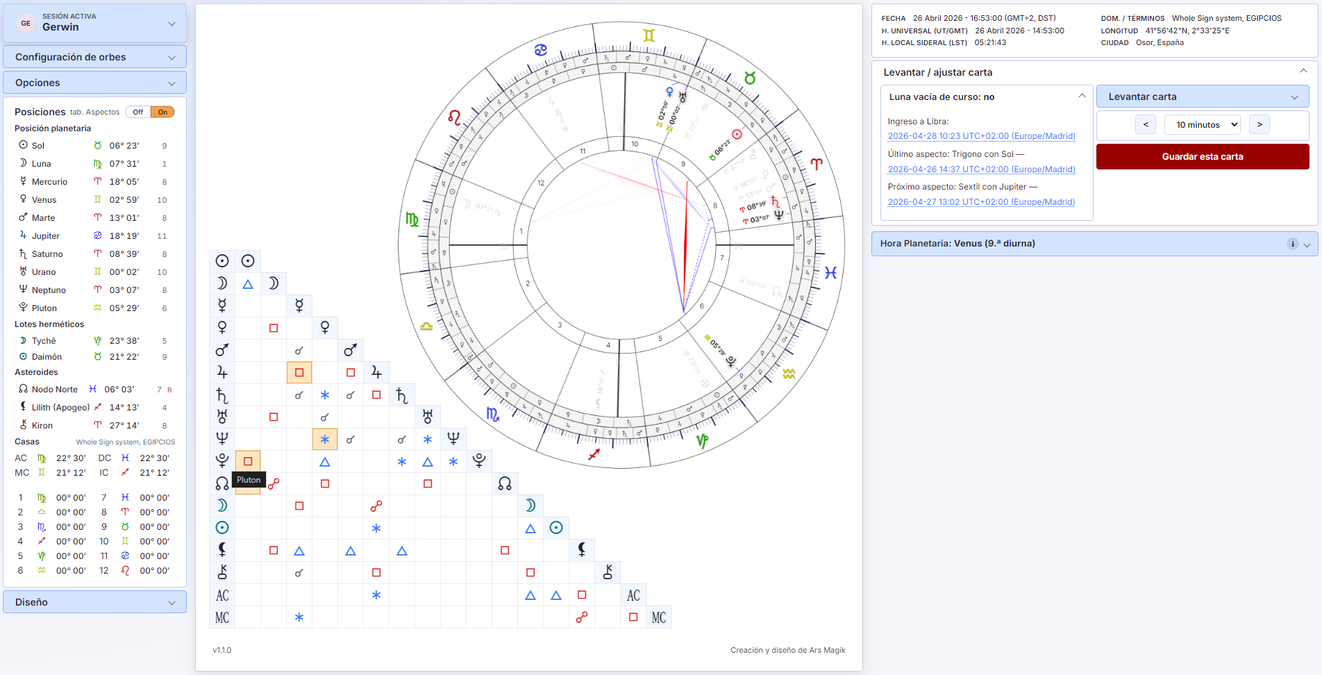 Captura de posiciones selectivas en Ars MagiK Astro con paneles de datos y carta activa.