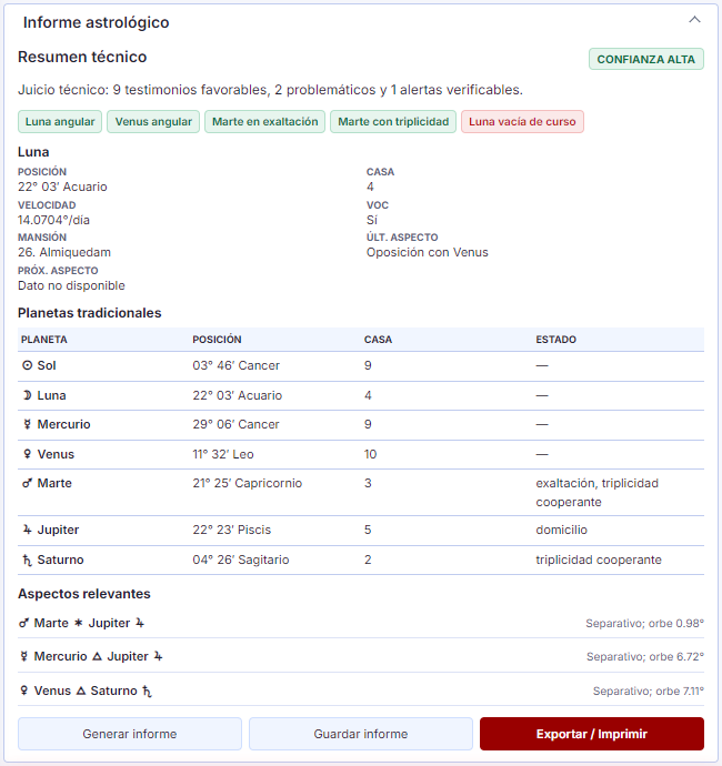 Captura de informe b&aacute;sico de Ars MagiK Astro con juicio astrol&oacute;gico organizado.