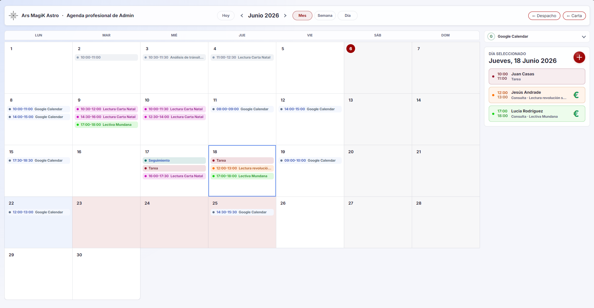 Agenda profesional con sesiones, tareas y seguimiento de consultantes.