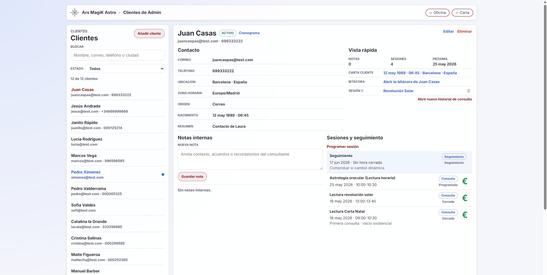 Archivo de consultantes con fichas, datos de consulta e historial disponible.