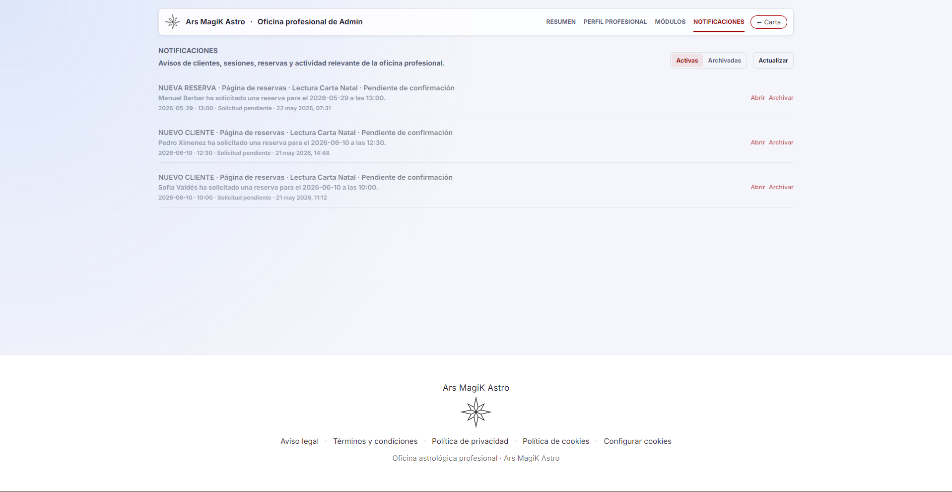 Panel de notificaciones de reservas y actividad del despacho.
