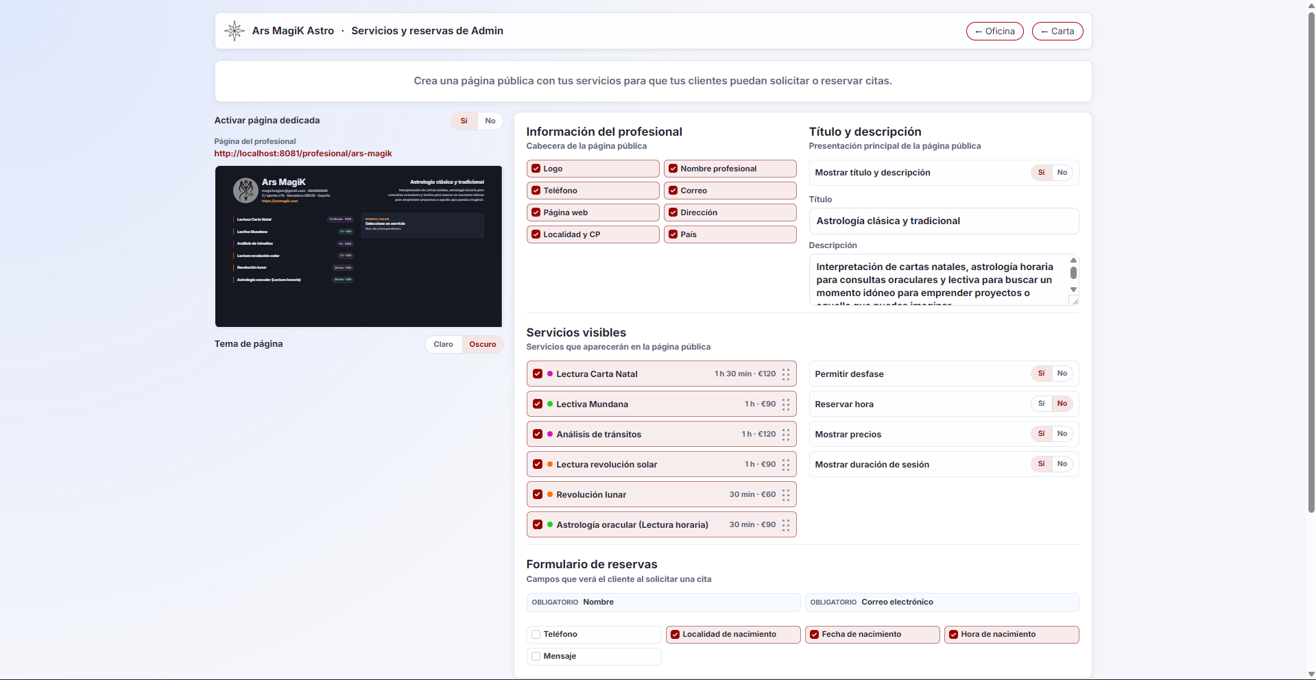 Configuración de la página pública de consulta con servicios y recorrido de reserva.