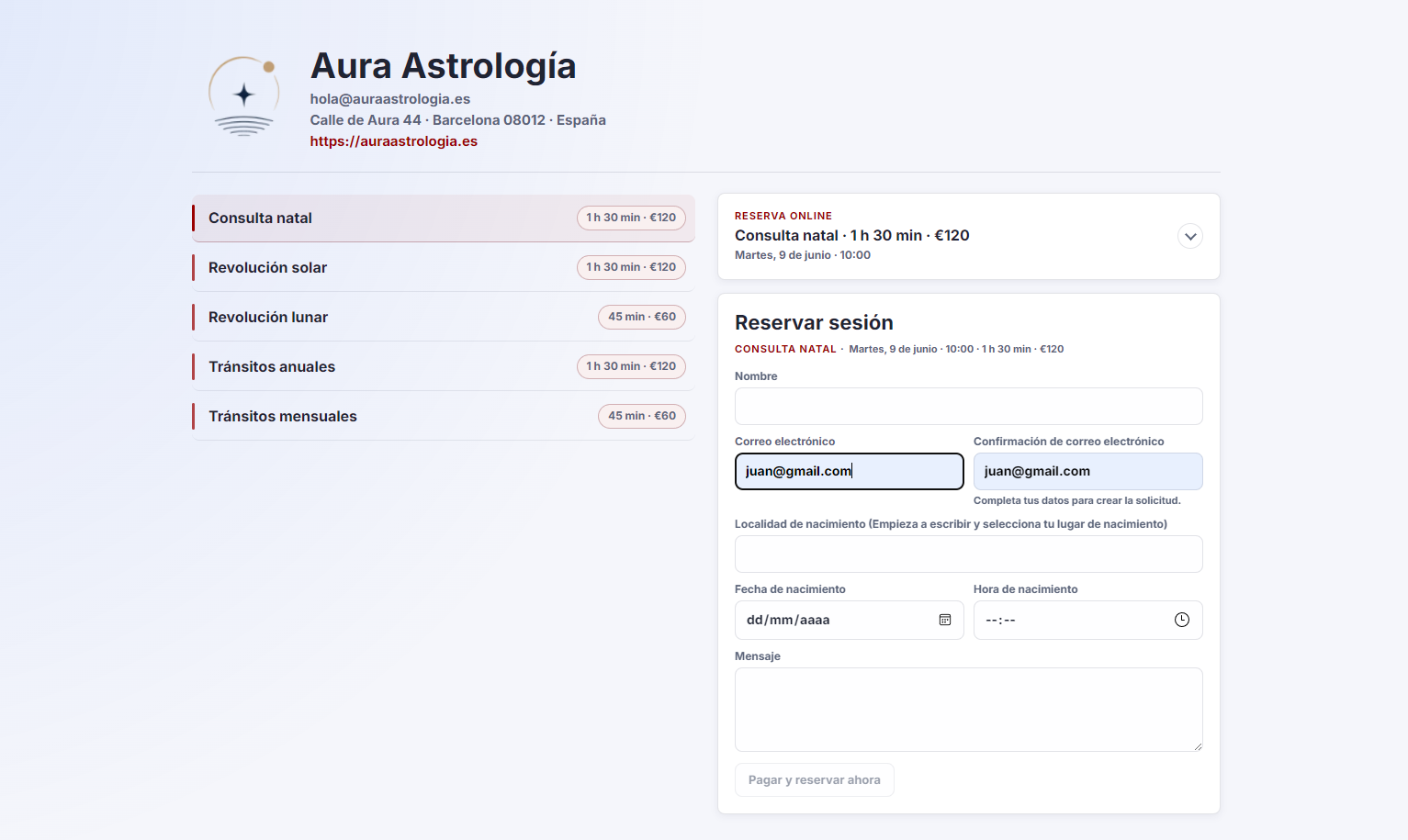 Configuración de servicios visibles, página personal y datos del recorrido de reserva.