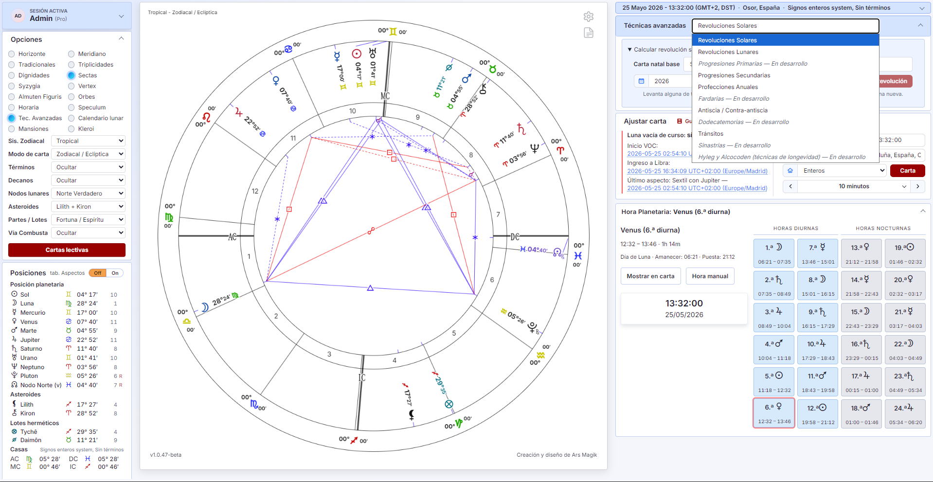 Vista general PRO con carta, paneles técnicos y herramientas astrológicas.